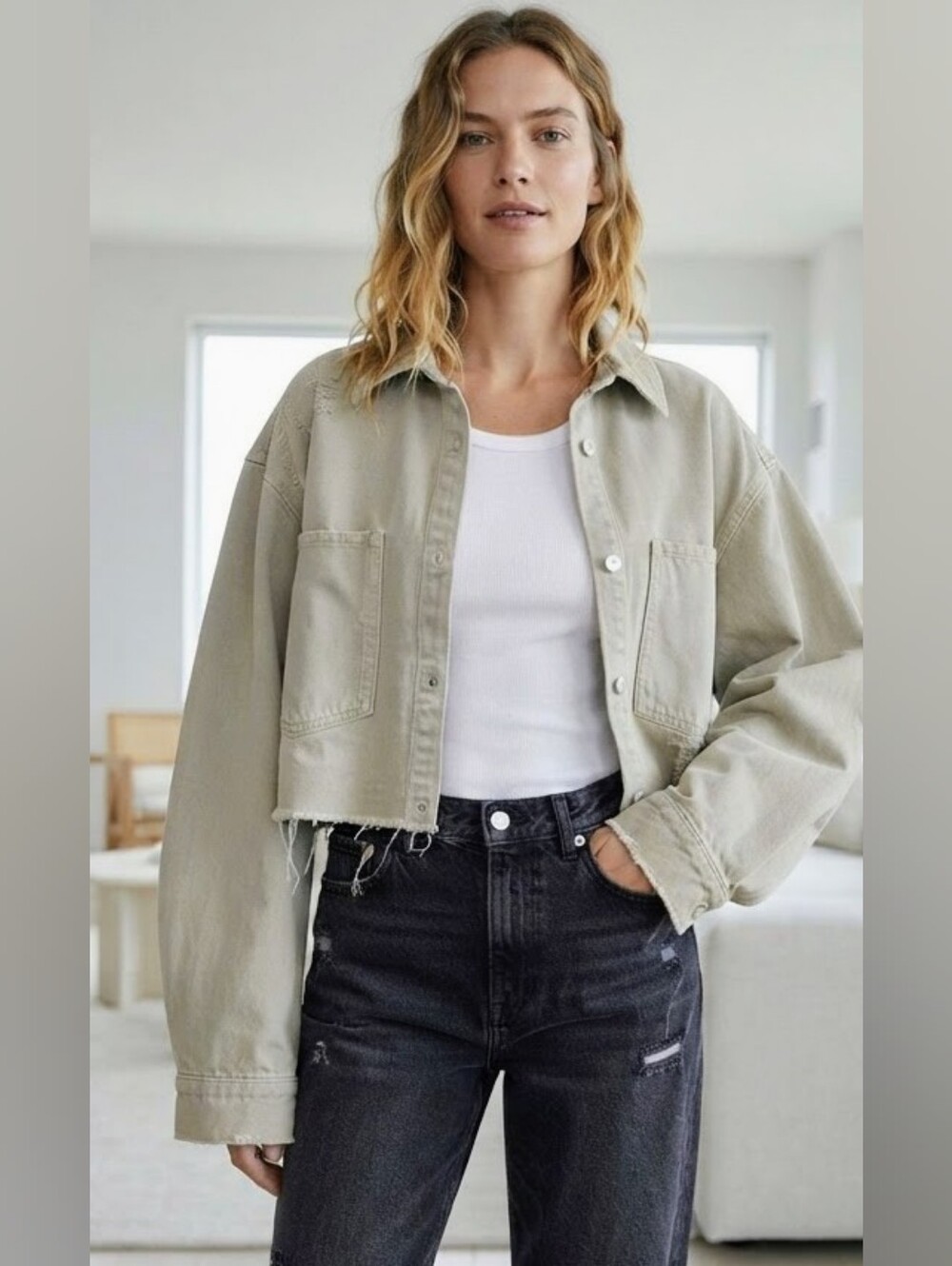 Zara NWOT Cropped Distressed Denim Shacket Jean Jacket Taupe Beige XL